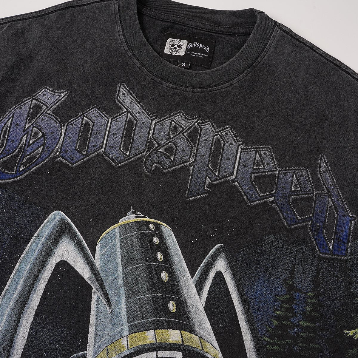 Godspeed Spaceship Graphic Washed Black T-Shirt ¡ª detail