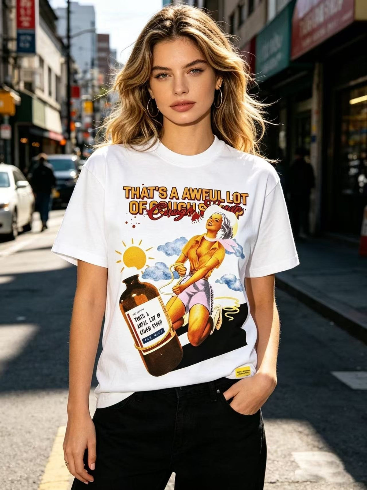 THAT'S A AWFUL LOT OF COUGH SYRUP White Front & Back Graphic T-Shirt ¡ª context