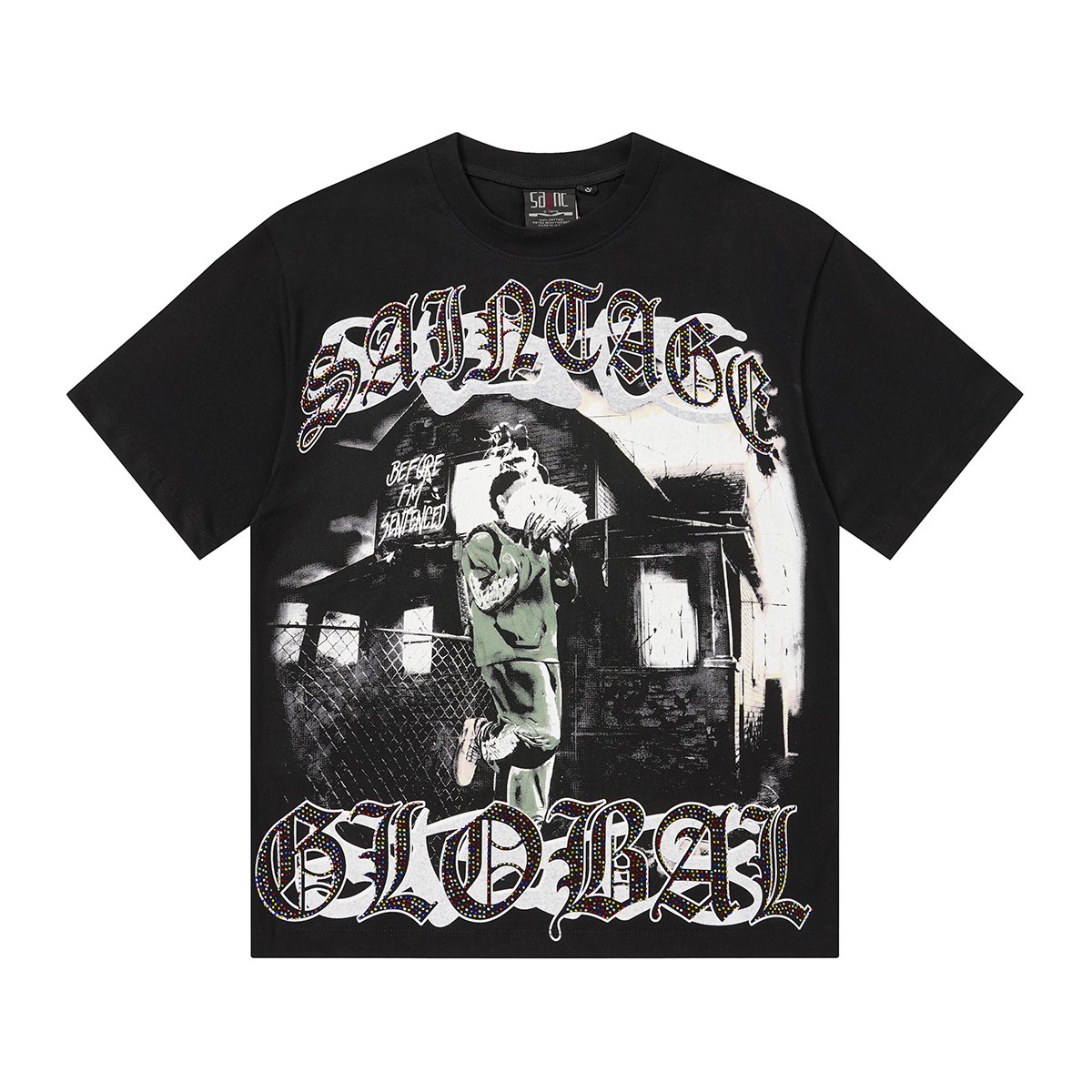 SAINT Black Rhinestone Graphic T-Shirt ¡ª front
