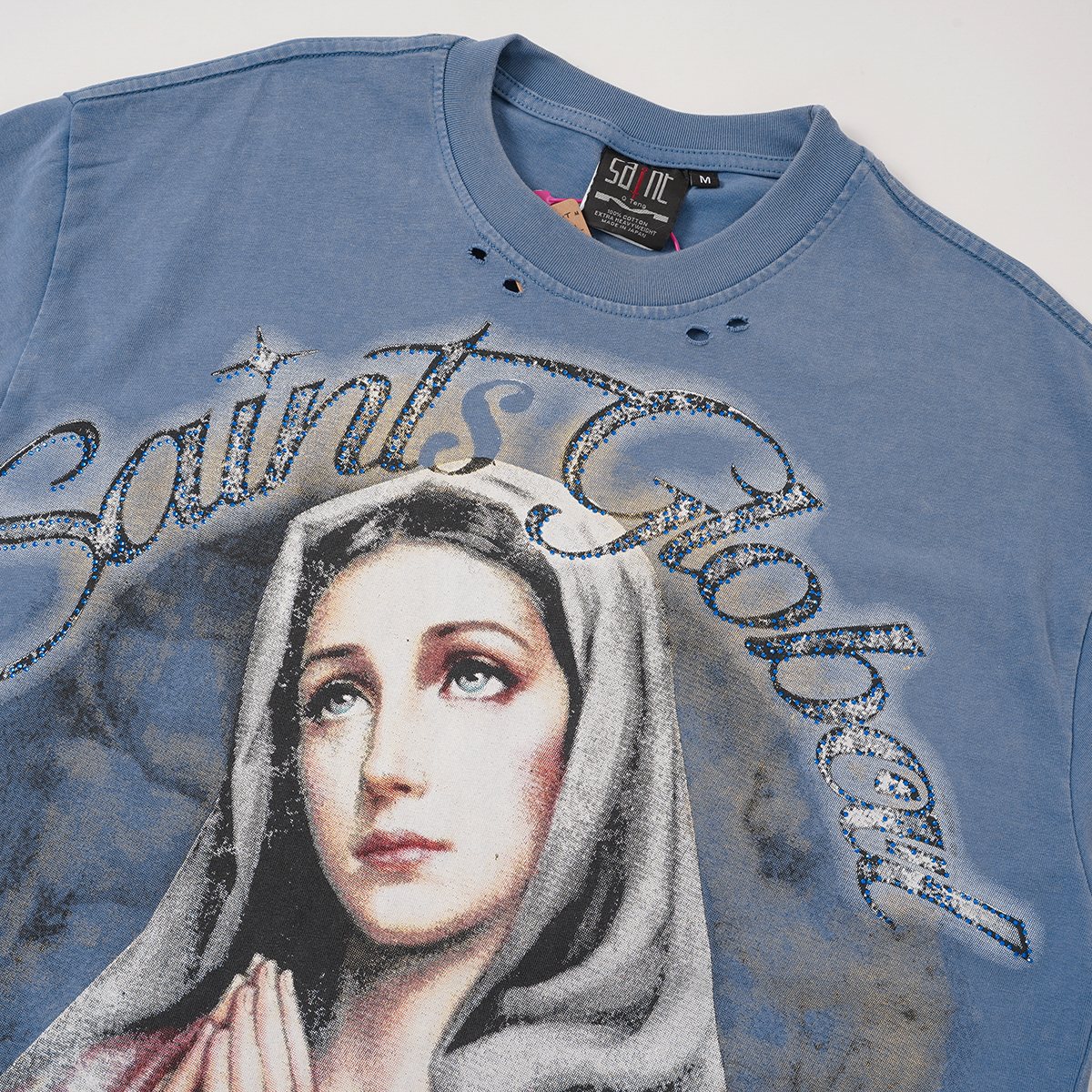 SAINT Distressed Rhinestone Graphic T-Shirt ¡ª detail