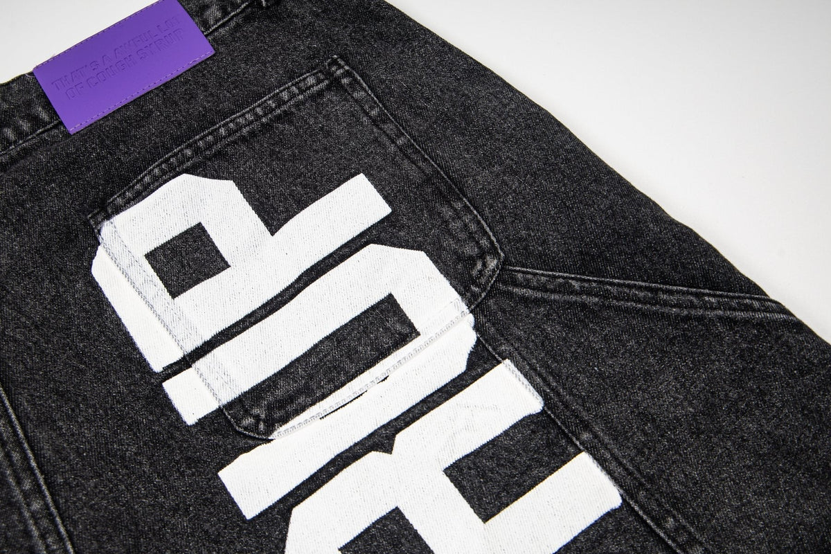 THAT'S A AWFUL LOT OF COUGH SYRUP Washed Denim Graphic Shorts ¡ª detail