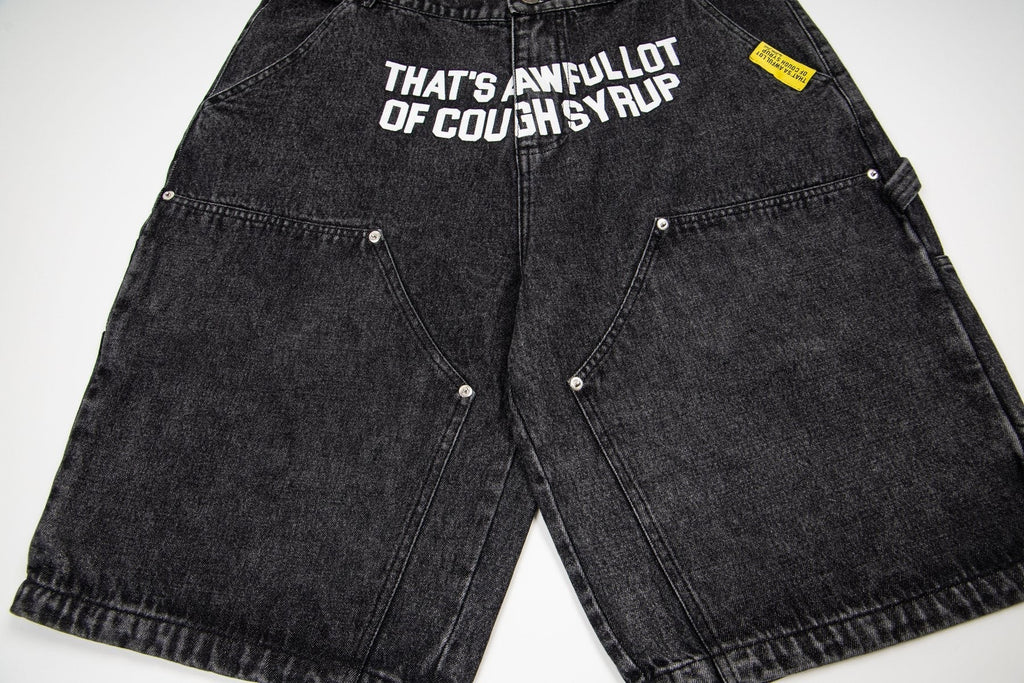 THAT'S A AWFUL LOT OF COUGH SYRUP Washed Denim Graphic Shorts ¡ª front