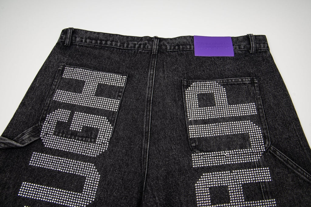 THAT'S A AWFUL LOT OF COUGH SYRUP Rhinestone Washed Denim Shorts ¡ª detail
