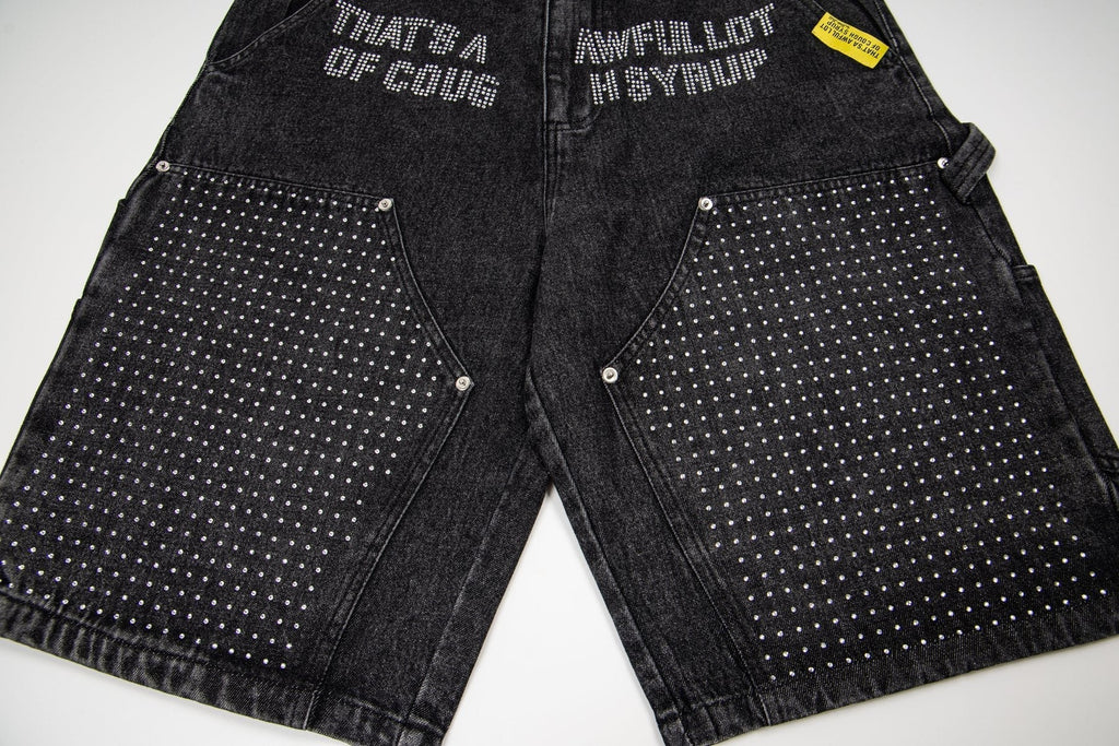 THAT'S A AWFUL LOT OF COUGH SYRUP Rhinestone Washed Denim Shorts ¡ª detail