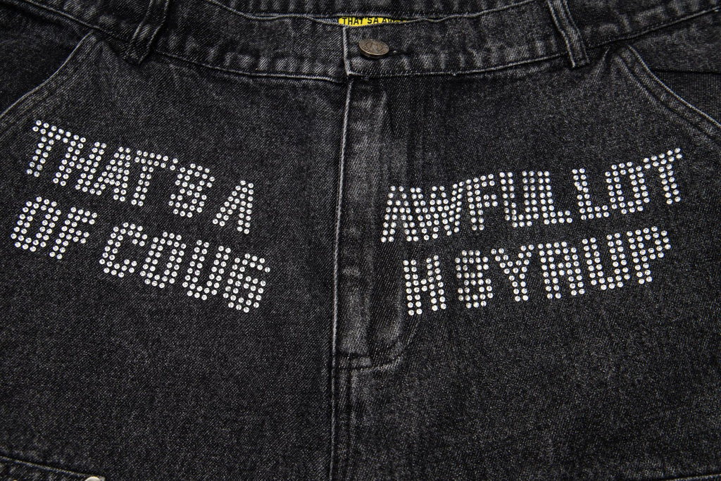 THAT'S A AWFUL LOT OF COUGH SYRUP Rhinestone Washed Denim Shorts ¡ª detail