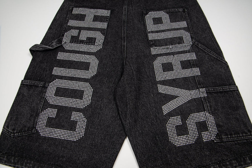 THAT'S A AWFUL LOT OF COUGH SYRUP Rhinestone Washed Denim Shorts ¡ª detail