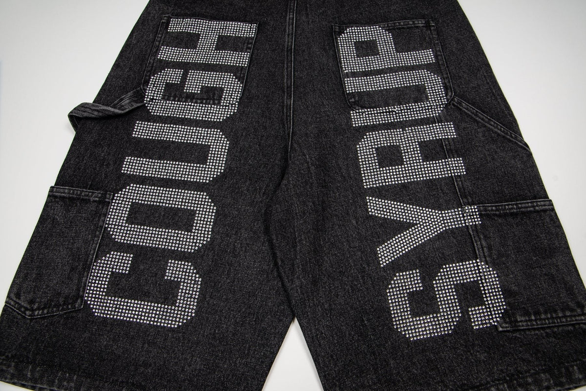 THAT'S A AWFUL LOT OF COUGH SYRUP Rhinestone Washed Denim Shorts ¡ª detail