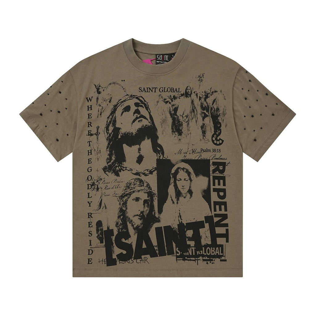 SAINT Taupe Front & Back Graphic T-Shirt ¡ª front