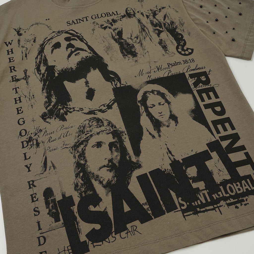 SAINT Taupe Front & Back Graphic T-Shirt ¡ª detail