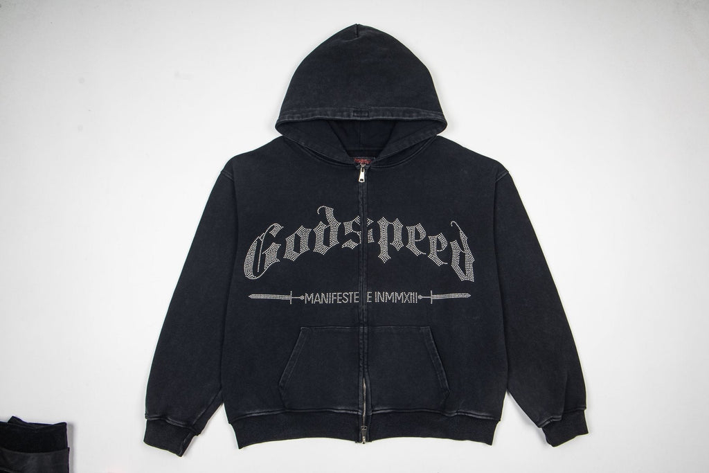 Godspeed Washed Gothic Graphic Full-Zip Hoodie ¡ª front