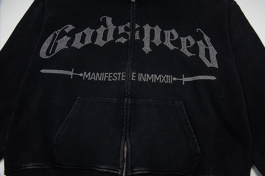 Godspeed Washed Gothic Graphic Full-Zip Hoodie ¡ª front