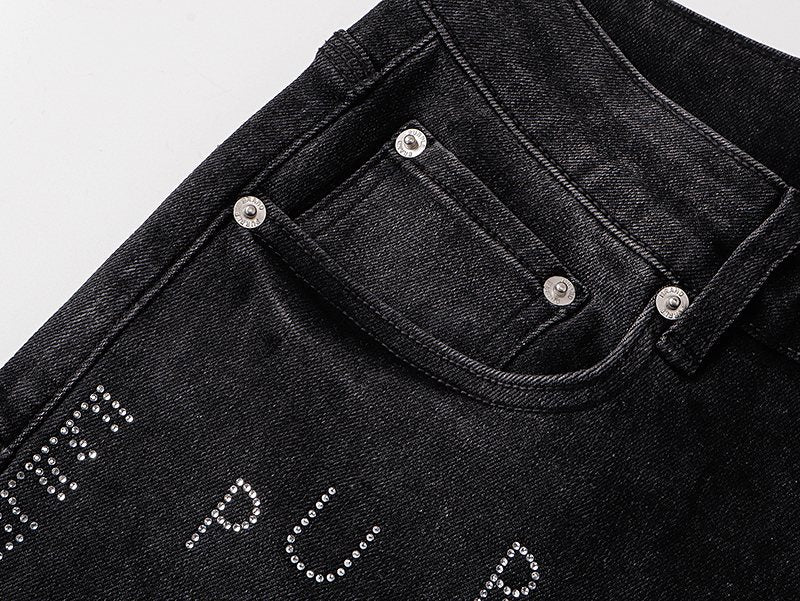 Purple Brand Black Rhinestone Graphic Denim Shorts ¡ª detail