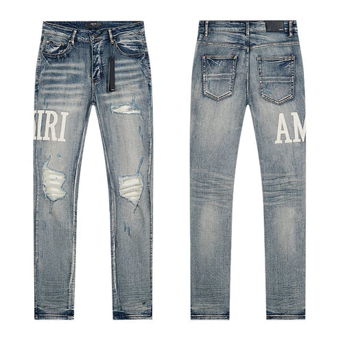 AMIRI Light Blue Distressed Letter Applique Jeans ¡ª hero