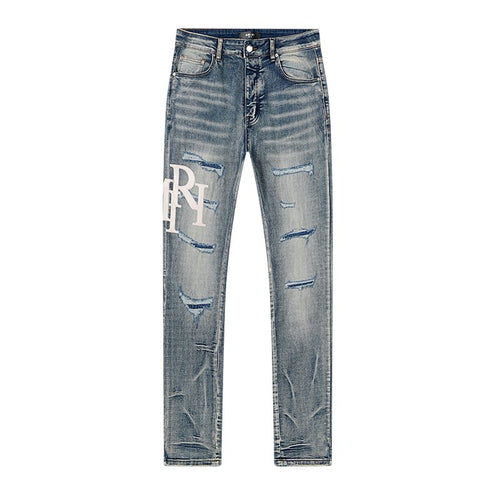 AMIRI Light Blue Distressed Appliqu¨¦ Jeans ¡ª front