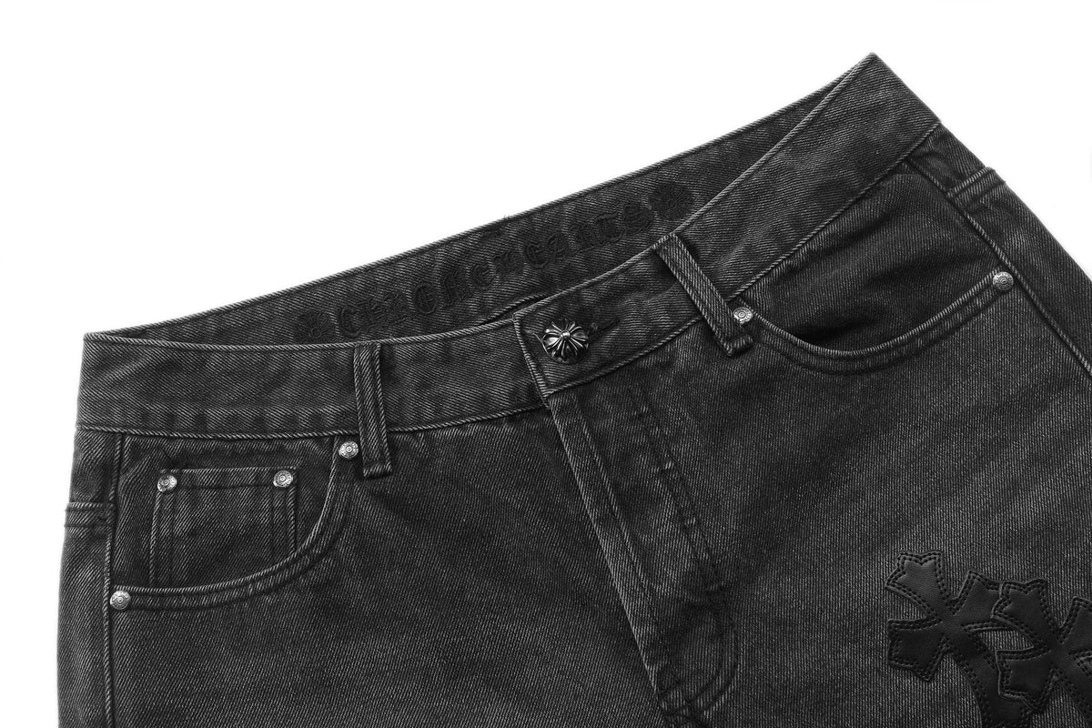 Chrome Hearts Cross Applique Washed Black Jeans ¡ª front