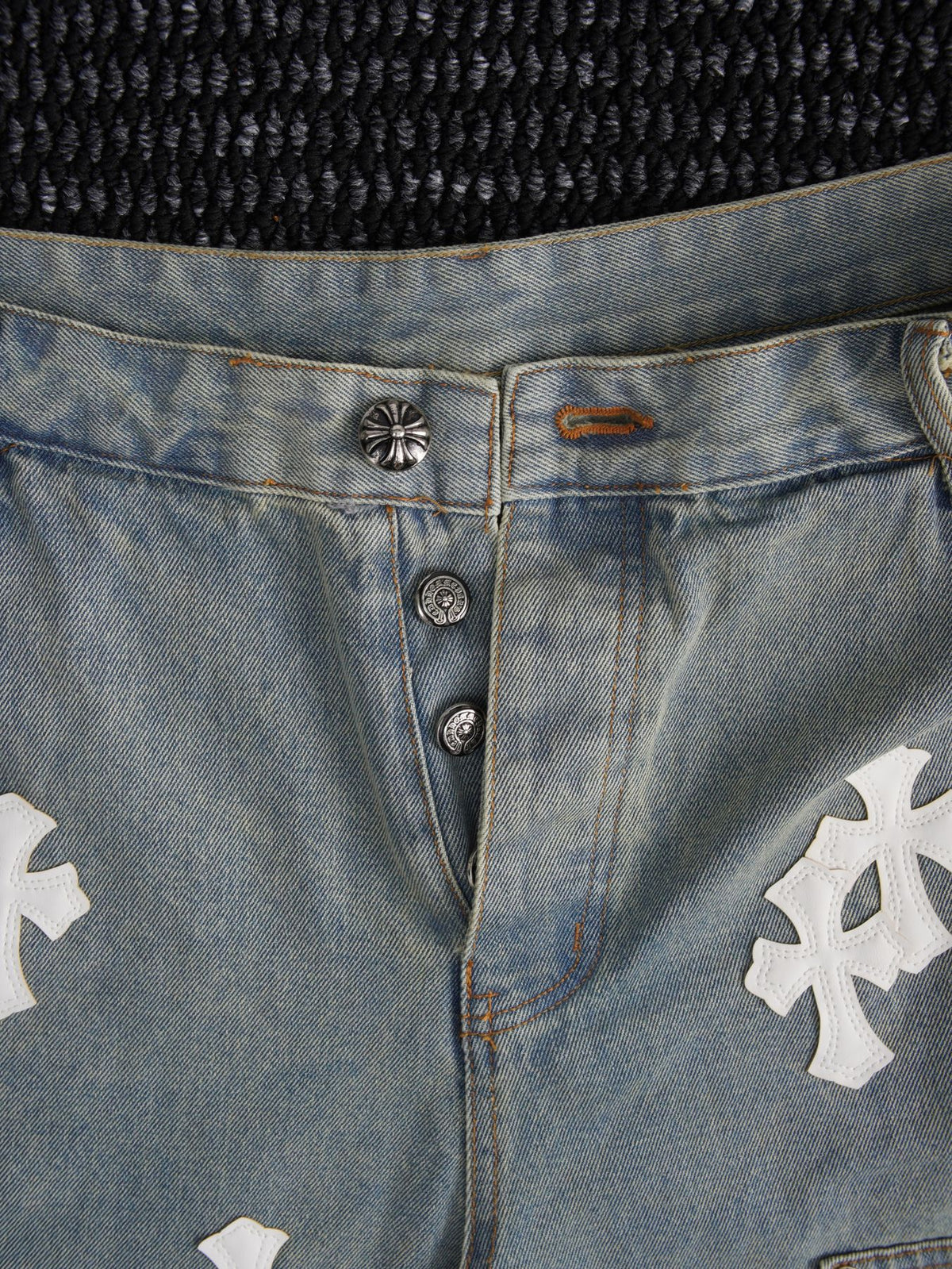 Chrome Hearts Cross Patch Light Blue Denim Shorts ¡ª detail