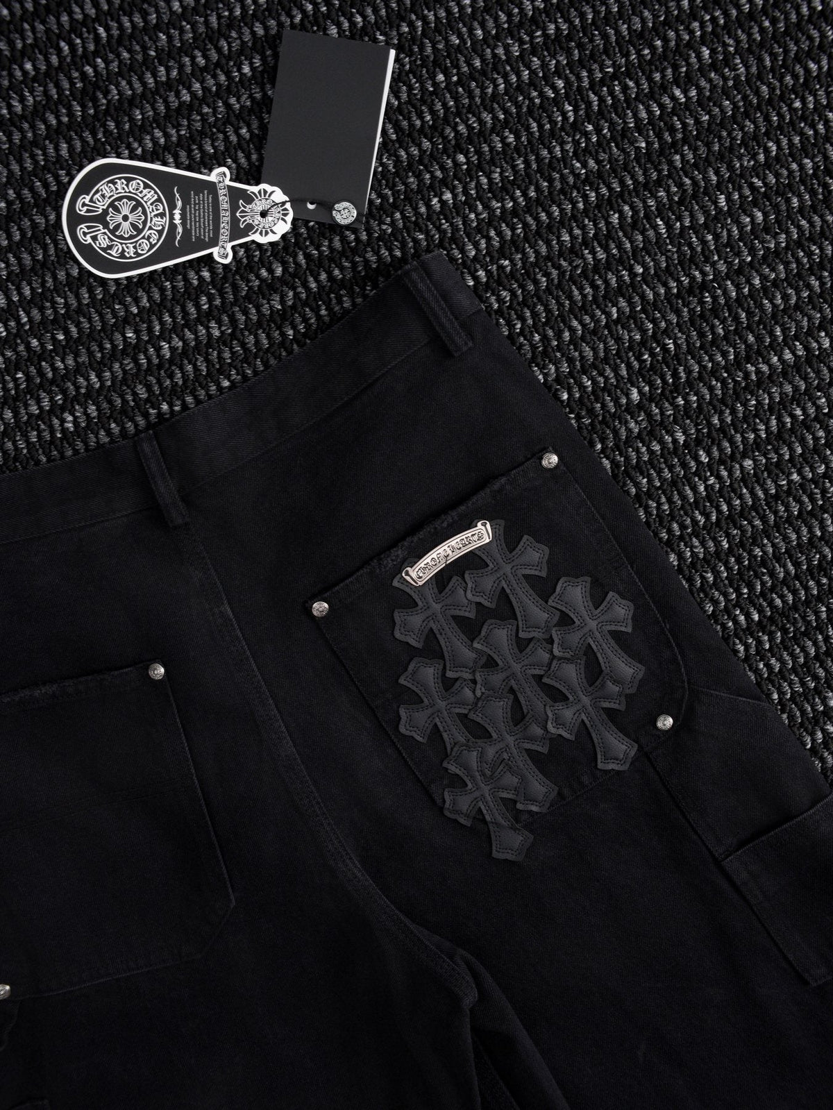 Chrome Hearts Black Graphic Appliqu¨¦ Denim Cargo Shorts ¡ª detail