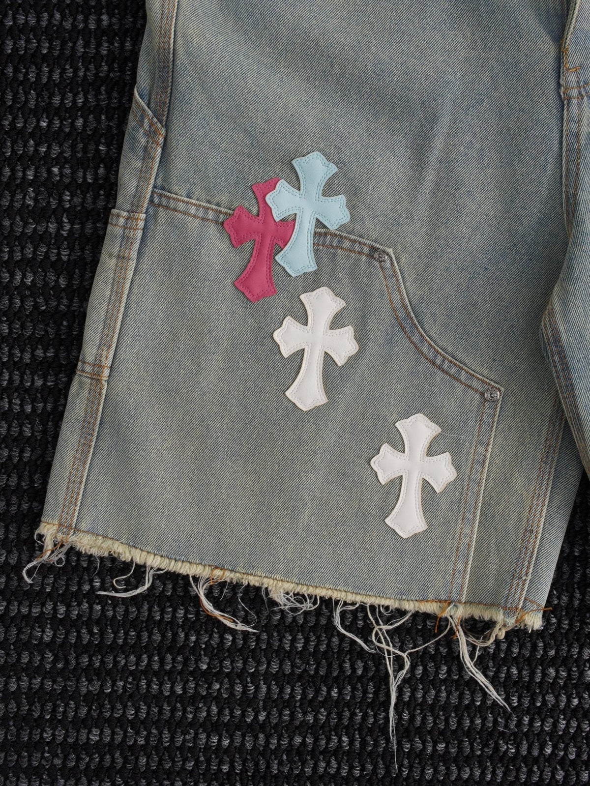 Chrome Hearts Cross Patch Light Blue Denim Shorts ¡ª detail