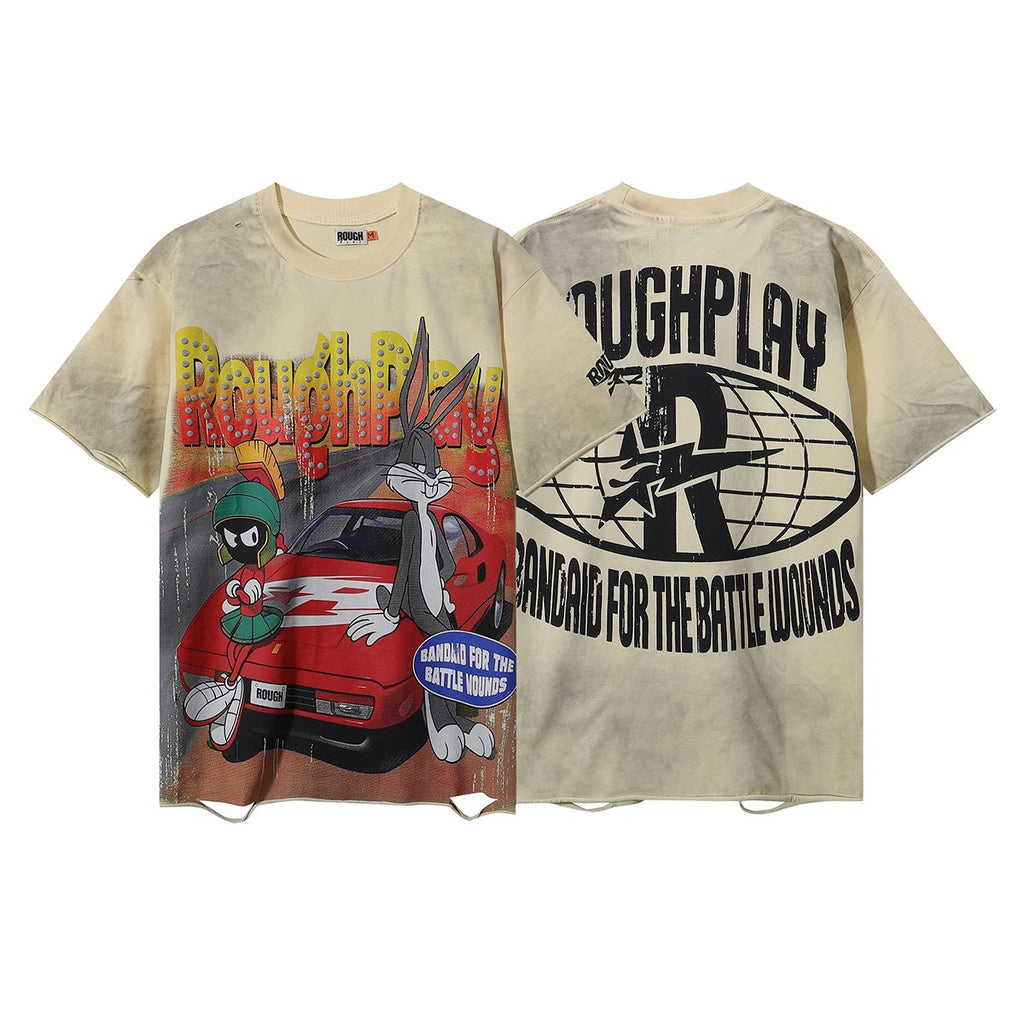 Rough Play Rabbit Car Distressed Short-Sleeve T-Shirt ¡ª front