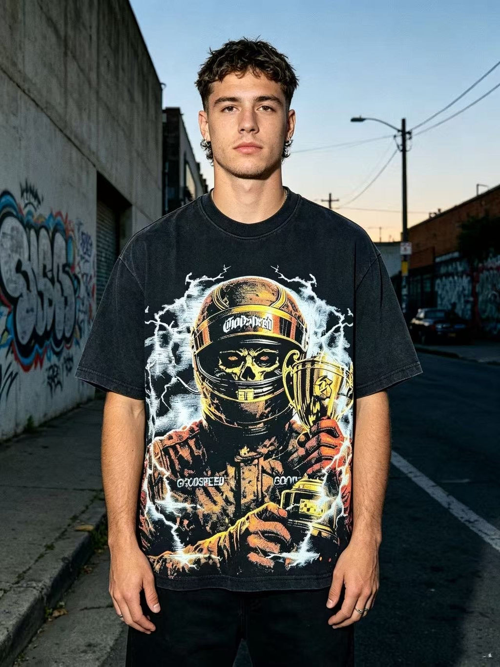 Godspeed Racing Skull Trophy Graphic T-Shirt ¡ª model
