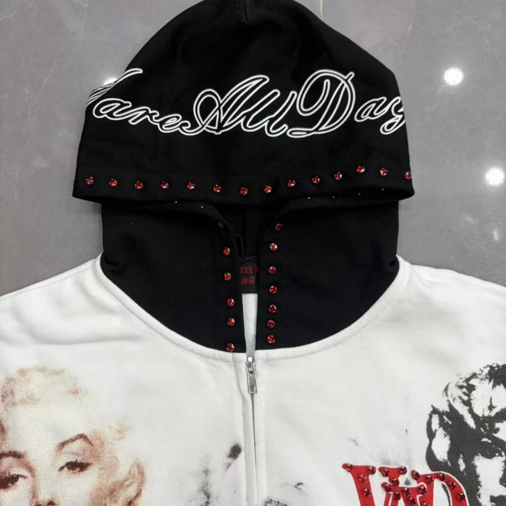 VARE ALL DAY Colorblock Rhinestone Zip Hoodie ¡ª detail