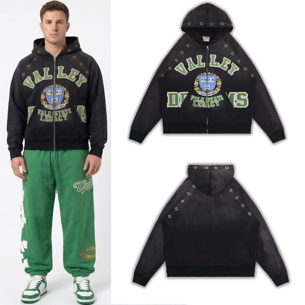 Valley Dreams Washed Black Collegiate Crest Zip Hoodie ¡ª context