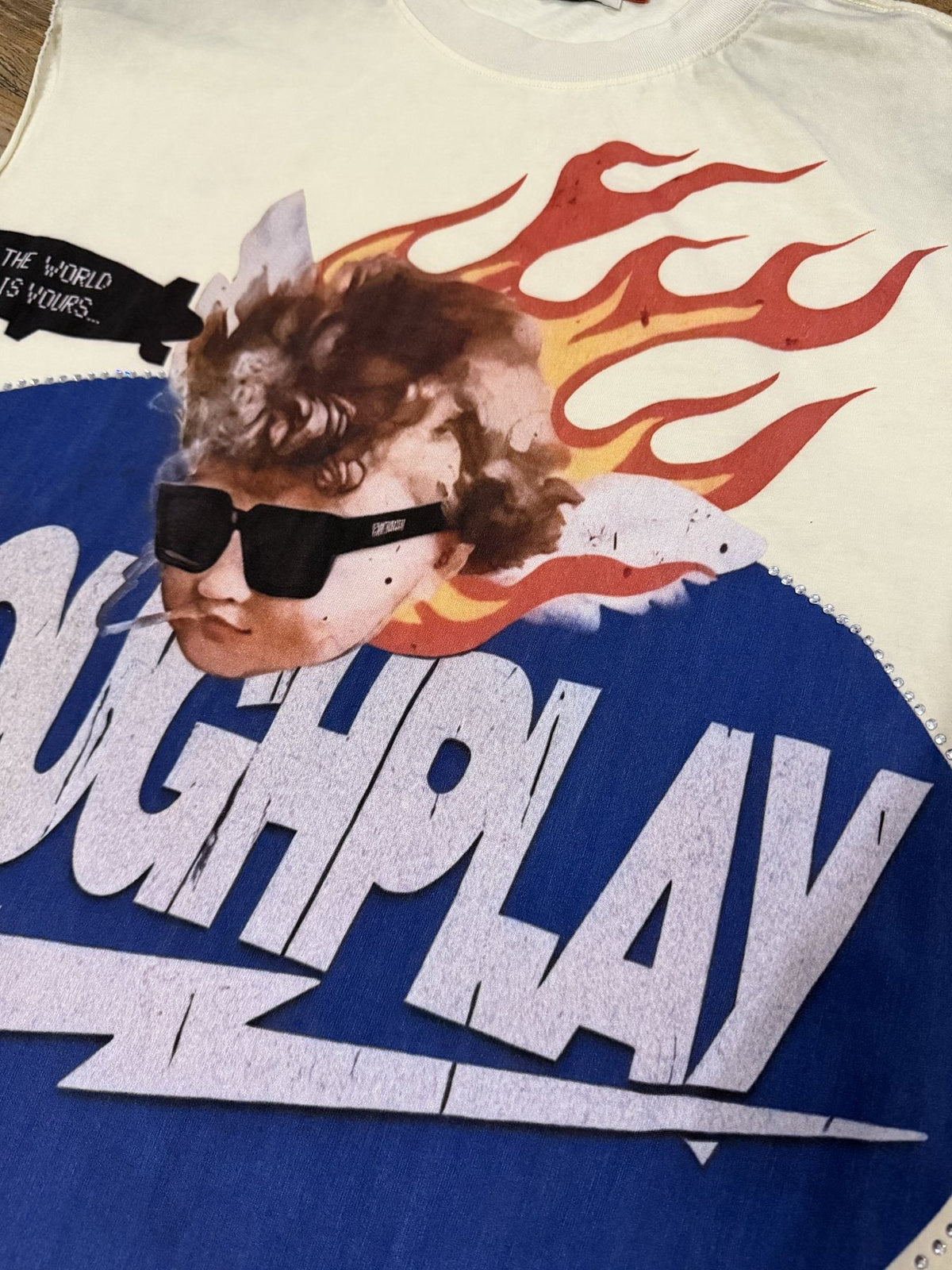 Rough Play Face & Flame Sleeveless T-Shirt ¡ª detail