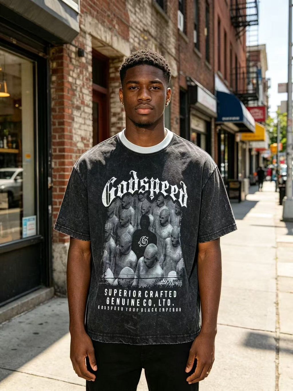 Godspeed Acid-Wash Graphic T-Shirt ¡ª model