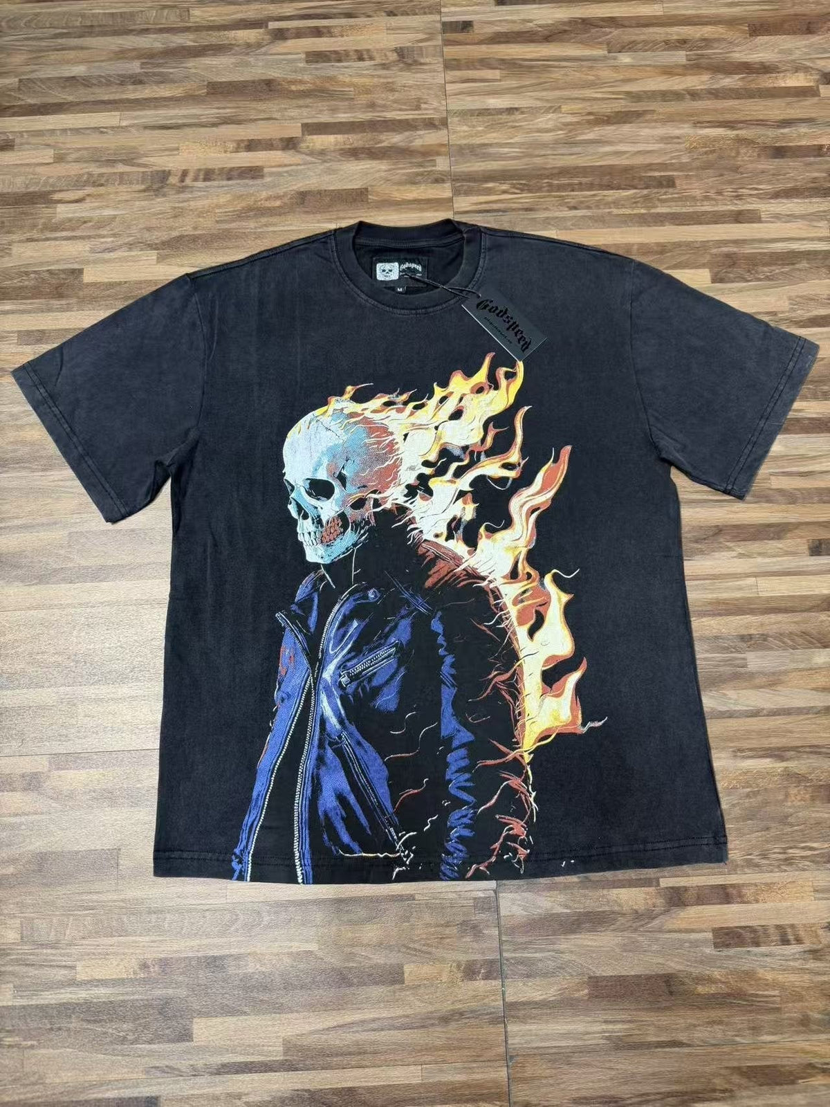 Godspeed Flaming Skull Washed Black Graphic T-Shirt ¡ª front