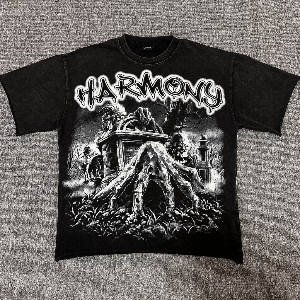 HARMONY Washed Black Rhinestone Graphic T-Shirt ¡ª front