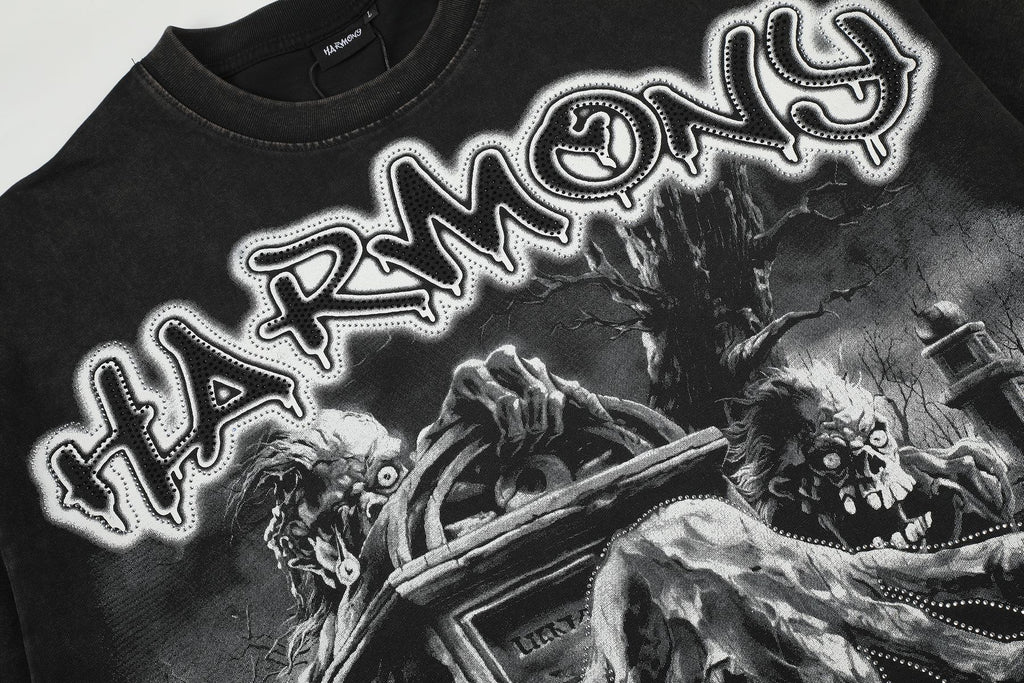 HARMONY Washed Black Rhinestone Graphic T-Shirt ¡ª detail
