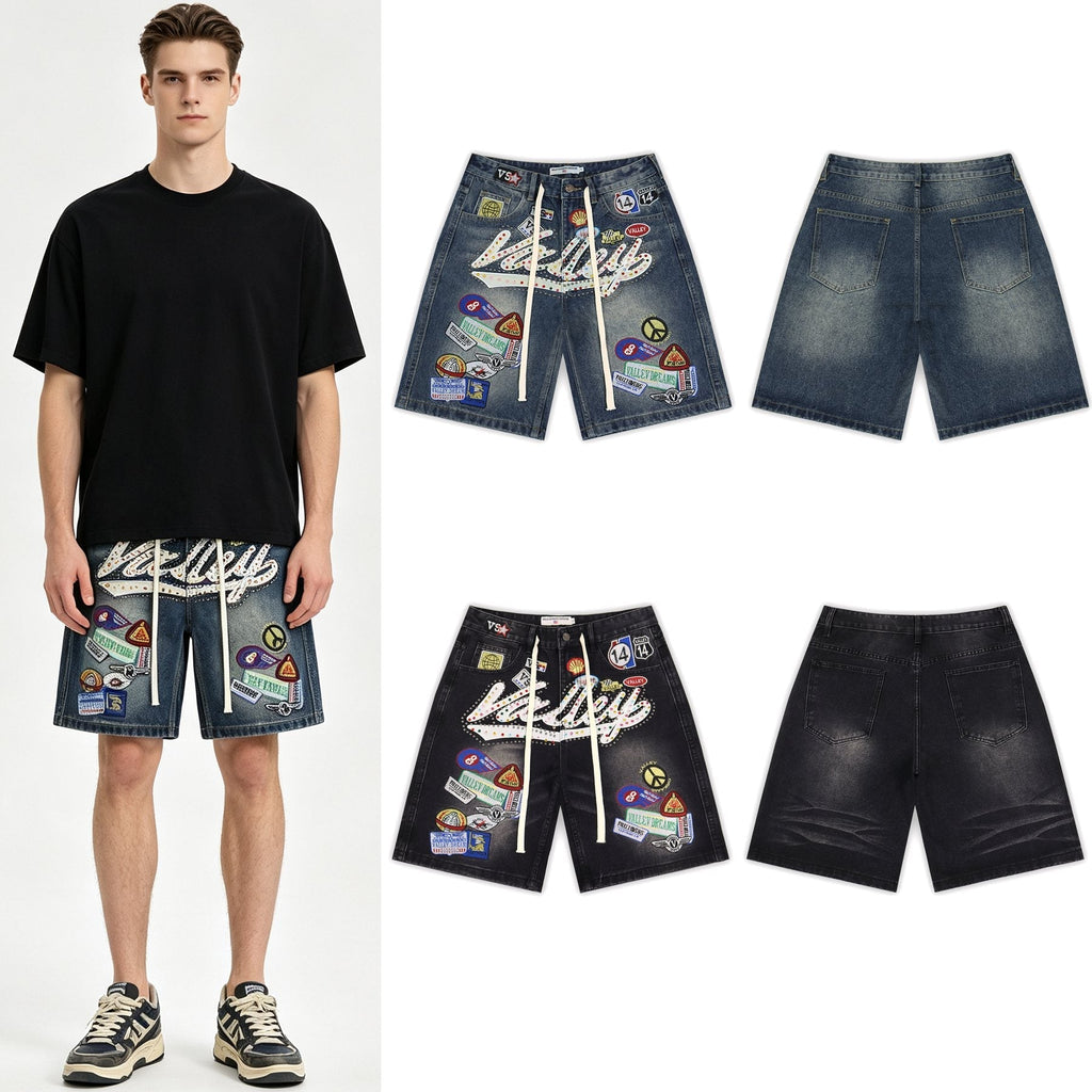 VALE SPORTS DIVISION Patch Embroidered Studded Denim Shorts ¡ª context