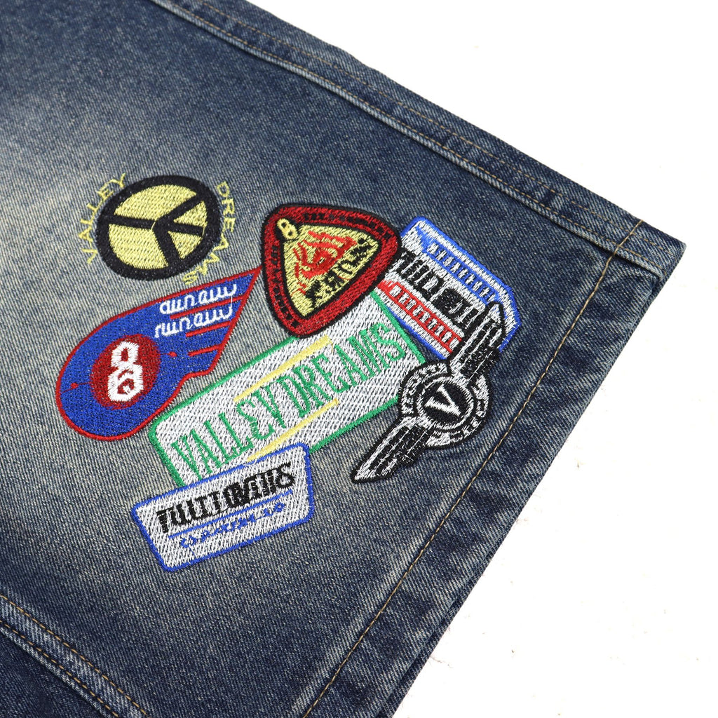 VALE SPORTS DIVISION Patch Embroidered Studded Denim Shorts ¡ª detail