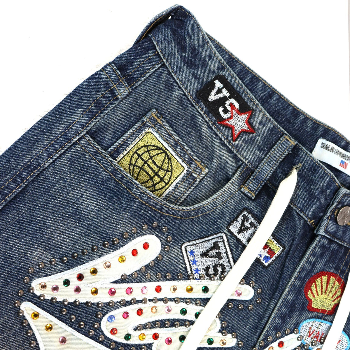 VALE SPORTS DIVISION Patch Embroidered Studded Denim Shorts ¡ª detail