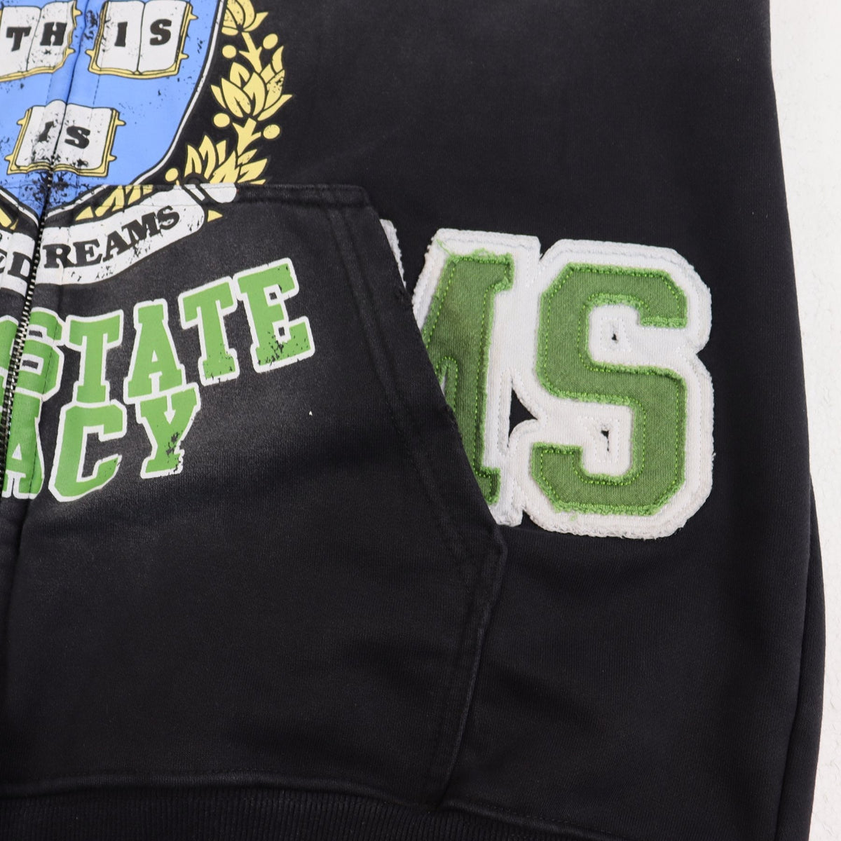 Valley Dreams Varsity Crest Washed Black Zip Hoodie ¡ª detail
