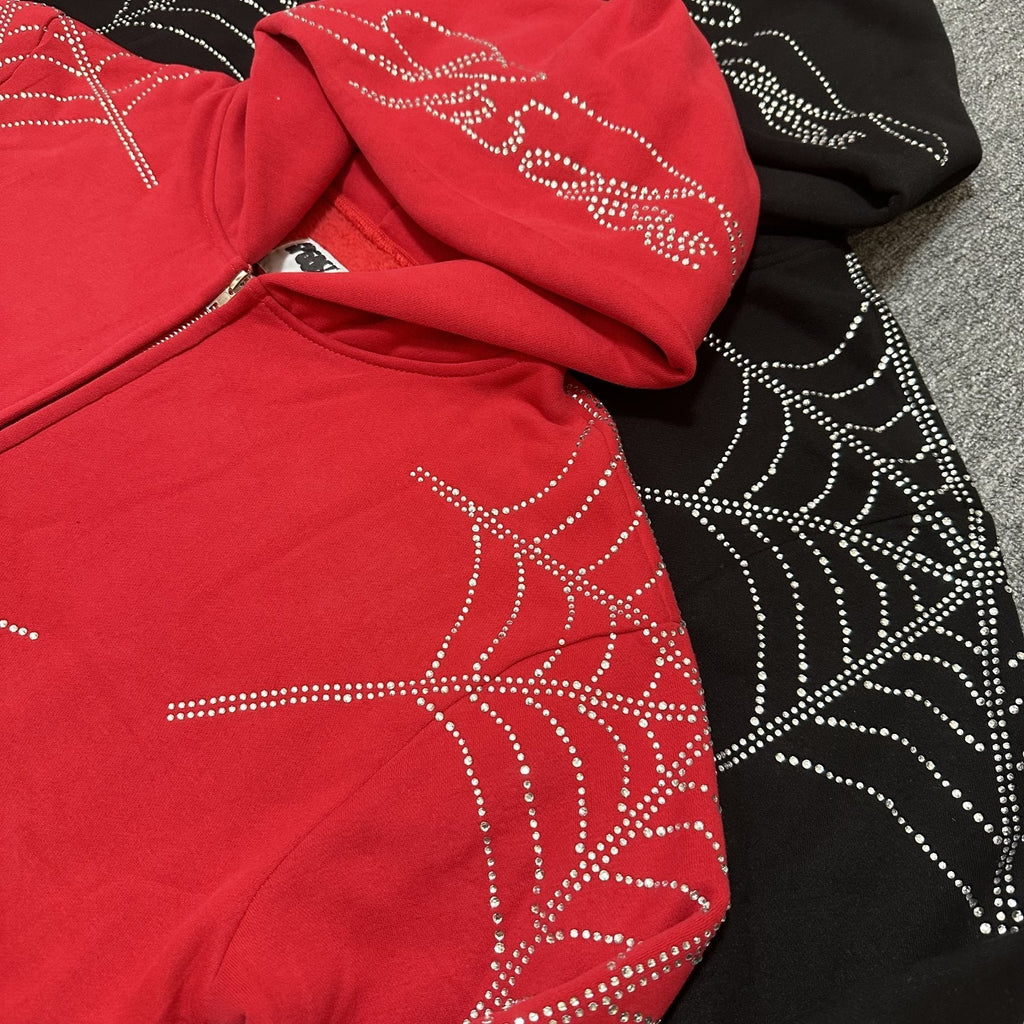 Sp5der Rhinestone Spiderweb Zip Hoodie & Pants Matching Set ¡ª detail