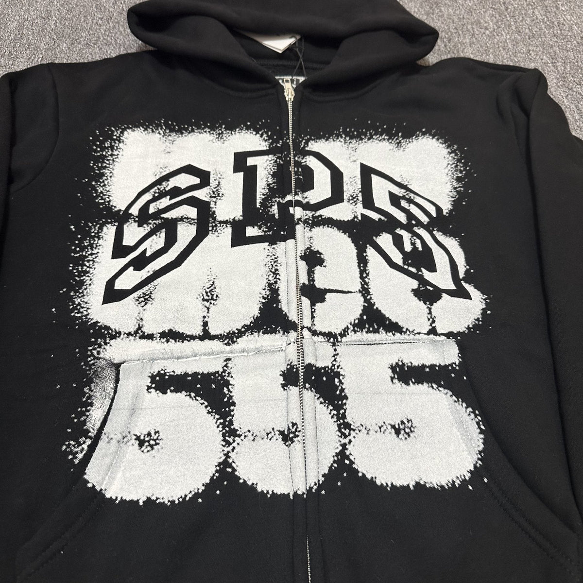 Sp5der Distressed Front Graphic Zip-Up Hoodie ¡ª detail