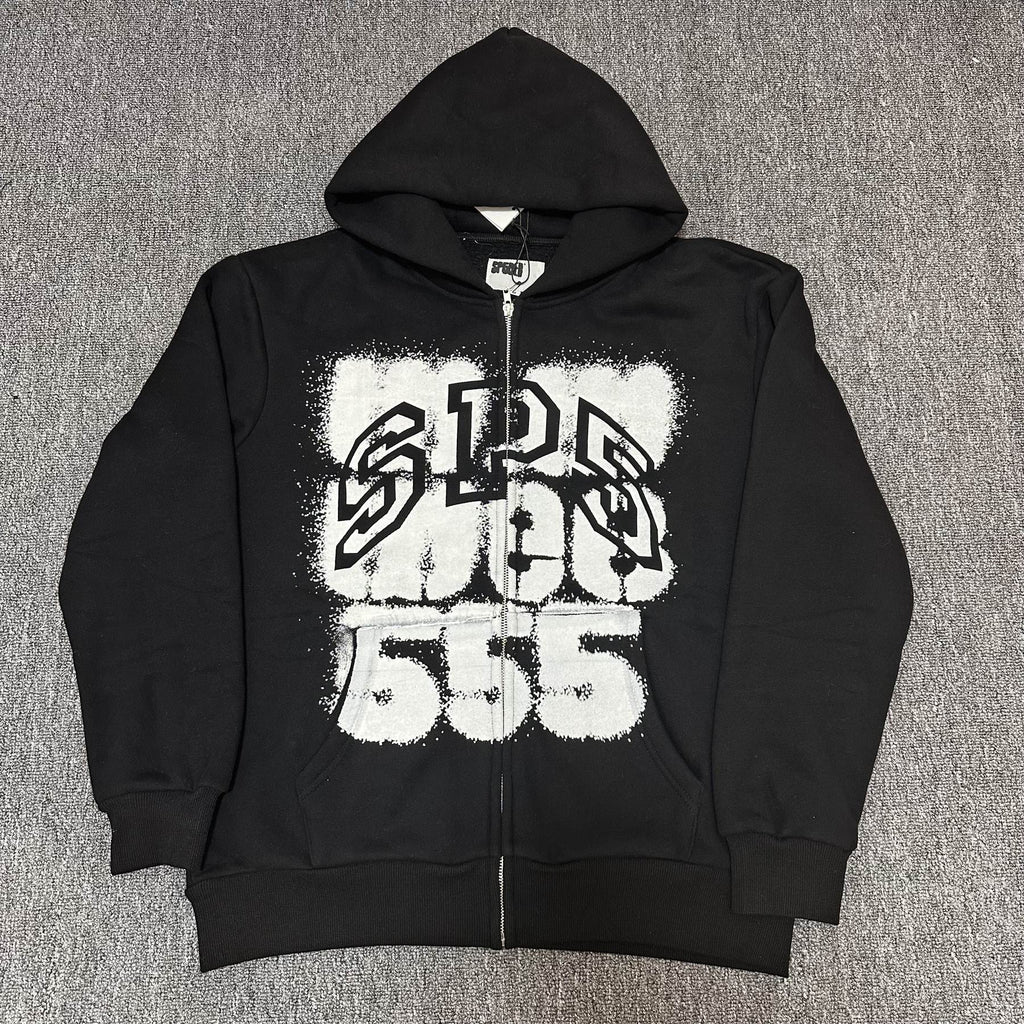 Sp5der Distressed Front Graphic Zip-Up Hoodie ¡ª front