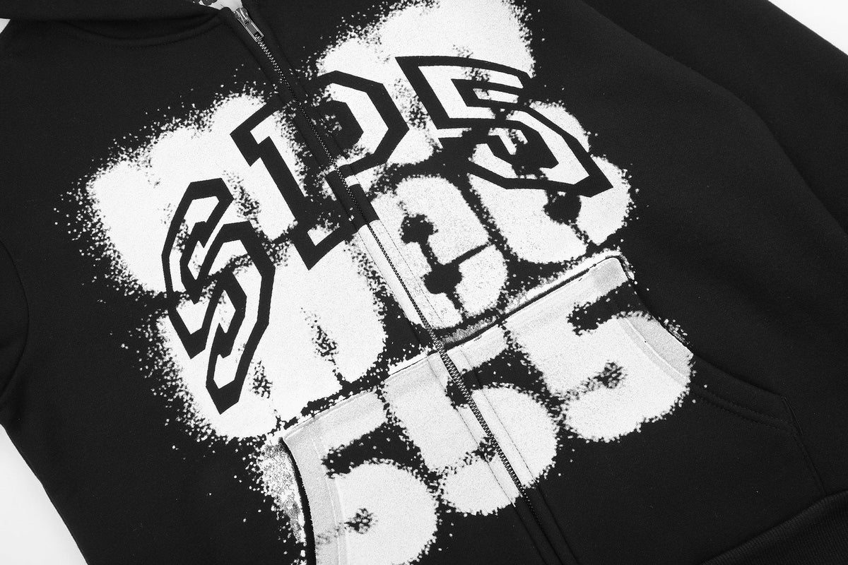 Sp5der Distressed Front Graphic Zip-Up Hoodie ¡ª detail