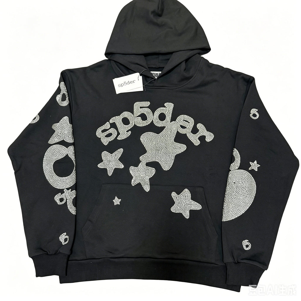 Sp5der Silver Rhinestone-Style Graphic Hoodie ¡ª hero