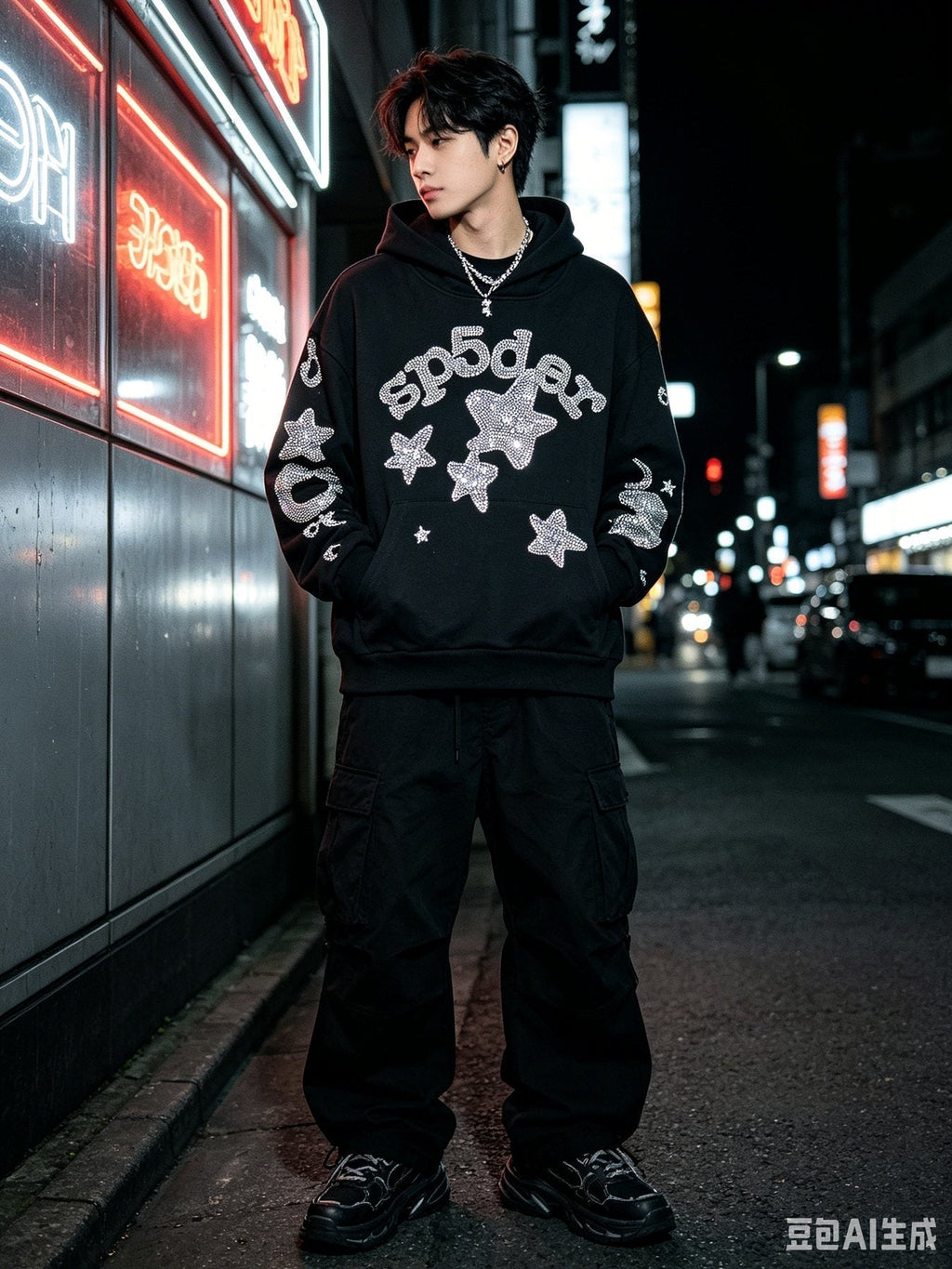 Sp5der Silver Rhinestone-Style Graphic Hoodie ¡ª context